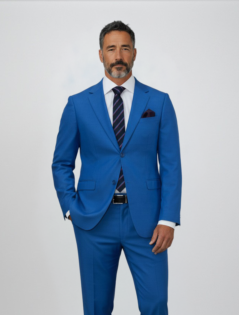 A man with short dark hair and a beard is seen wearing the Gianco Ferro Men’s Royal Blue Debossed Windowpane Slim Fit Suit, expertly crafted from premium Tetron Rayon, paired with a white shirt, striped tie, and pocket square against a plain light background.