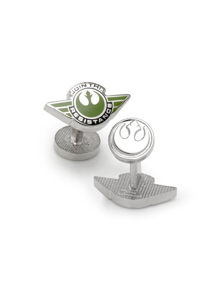 Star Wars Rebel Alliance Starbird Crest Badge Cufflinks in silver-tone, one with a green and white “Join the Resistance” emblem and the other a raised badge logo.