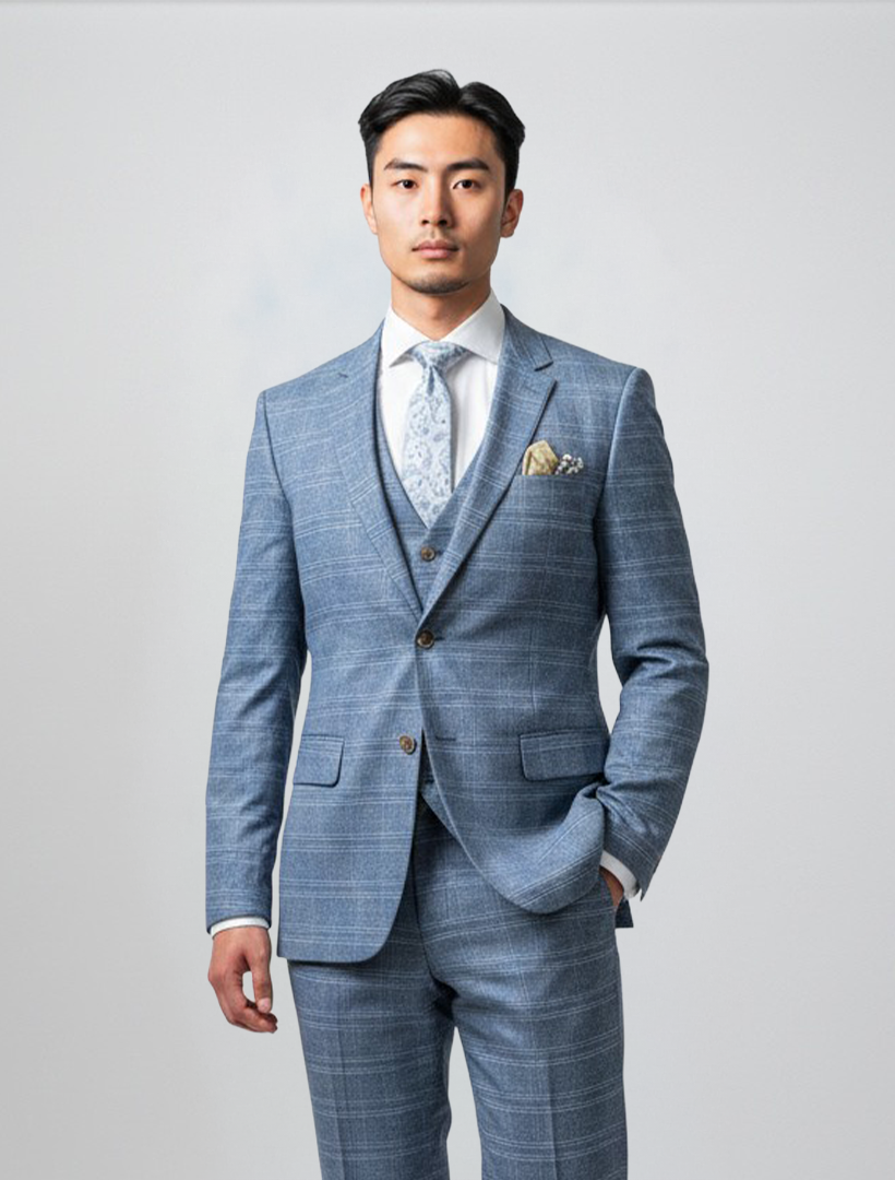 A man stands facing forward against a plain light background, dressed in the FUBU Light Blue Tartan Check Vested Suit by Fubu The Colle. He wears the slim fit suit with a matching vest, white shirt, patterned tie, and pocket square. Crafted from premium Tetron Rayon, the suit features a stretch armhole for enhanced comfort and mobility.
