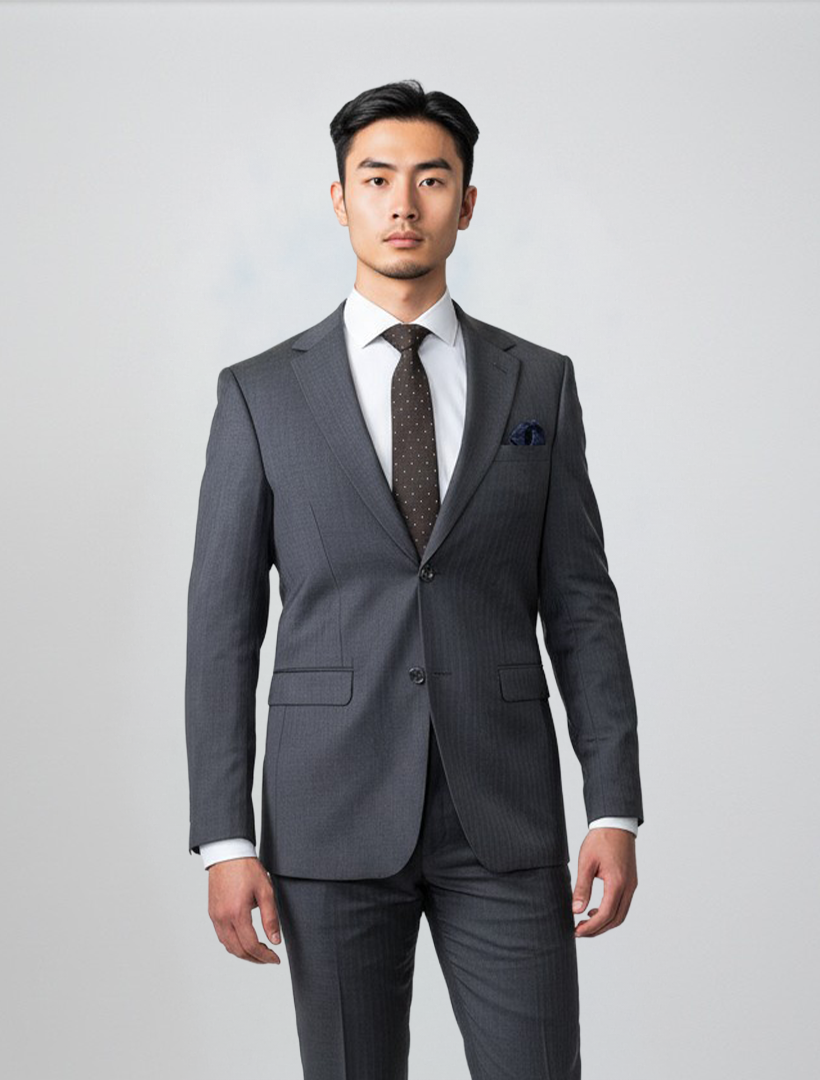 A man wearing the Douglas Grahame Men’s Grey Double Stripe Wool Slim Fit Suit, paired with a white dress shirt and dark tie, stands facing forward against a plain light background, showcasing a classic prom suit option for men.