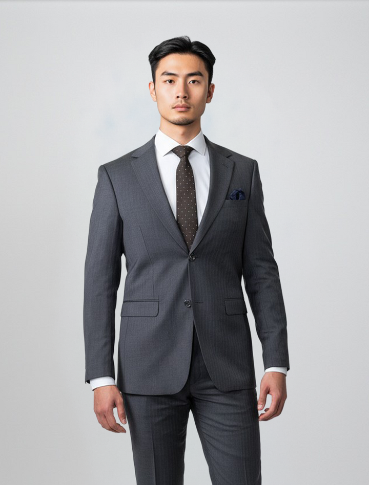 A man wearing the Douglas Grahame Men’s Grey Double Stripe Wool Slim Fit Suit, paired with a white dress shirt and dark tie, stands facing forward against a plain light background, showcasing a classic prom suit option for men.