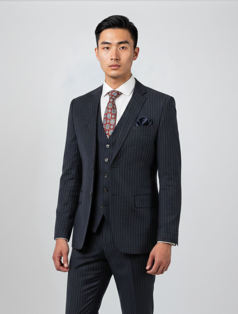 A man stands facing forward against a plain light background, wearing the FUBU Navy with White Pinstripe Vested Suit by Fubu The Colle, paired with a white shirt, patterned tie, and pocket square.