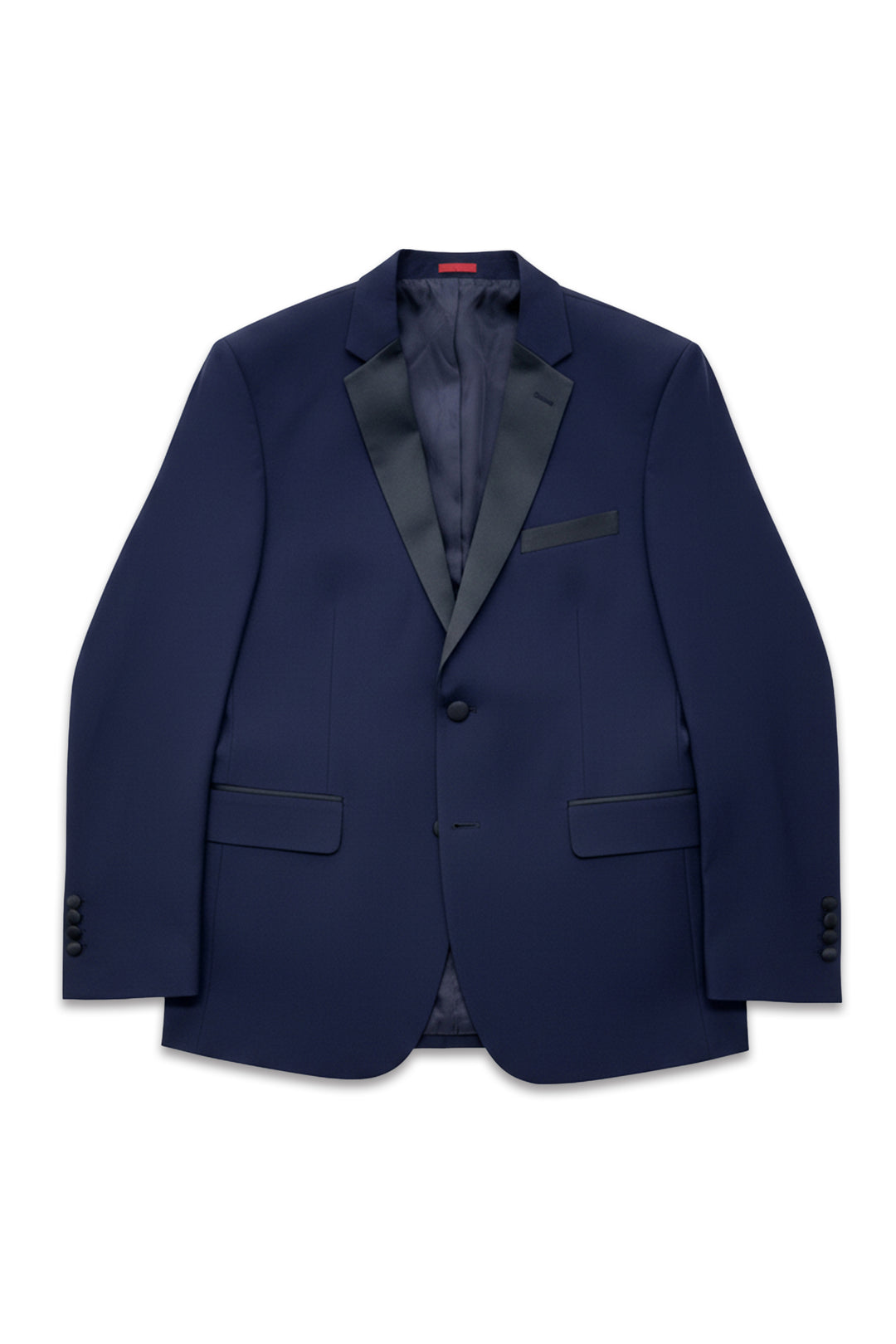The FUBU Classic Notch Lapel Navy Slim-Fit Tuxedo by Fubu The Colle features satin notch lapels, a single button closure, two front flap pockets, and a chest pocket, shown laid flat on a white background.