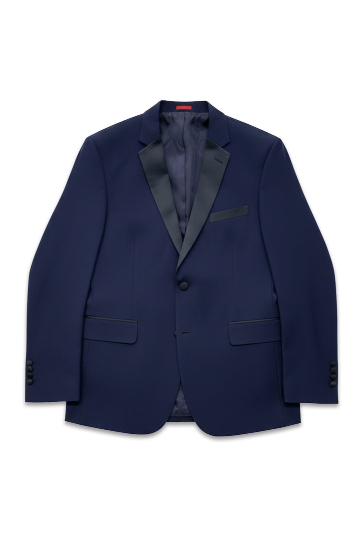 The FUBU Classic Notch Lapel Navy Slim-Fit Tuxedo by Fubu The Colle features satin notch lapels, a single button closure, two front flap pockets, and a chest pocket, shown laid flat on a white background.