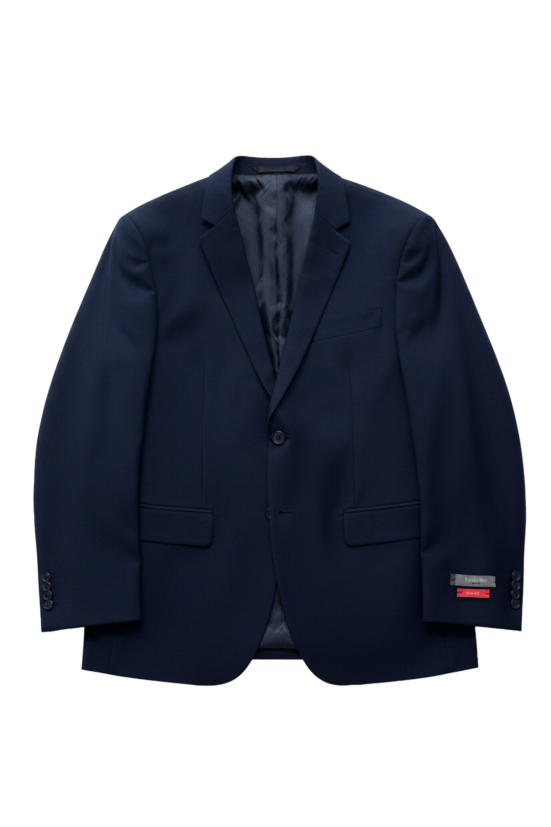 The Karako Men Mens Navy Suit features notch lapels, two front pockets, a chest pocket, and a single button—ideal as a sharp wedding or prom suit for men.