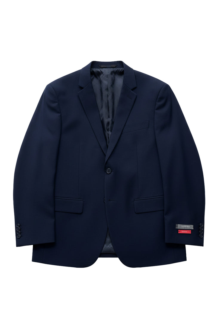 The Karako Men Mens Navy Suit features notch lapels, two front pockets, a chest pocket, and a single button—ideal as a sharp wedding or prom suit for men.