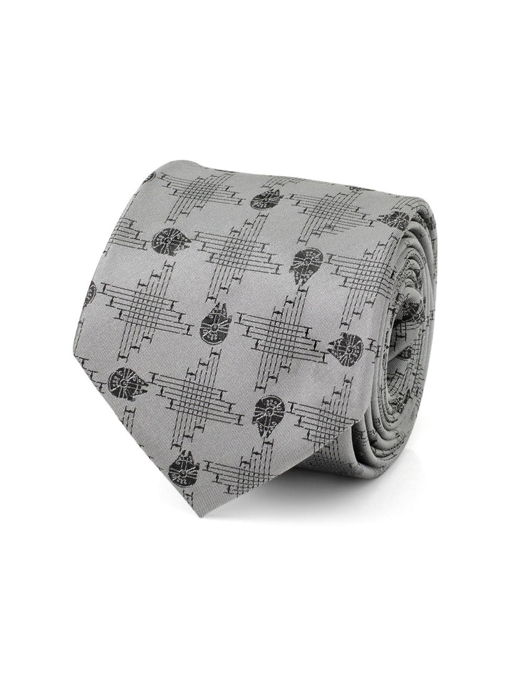 Star Wars Millennium Falcon Gray Tie in a gray silk blend featuring a repeating pattern of Millennium Falcon starships and grid lines.