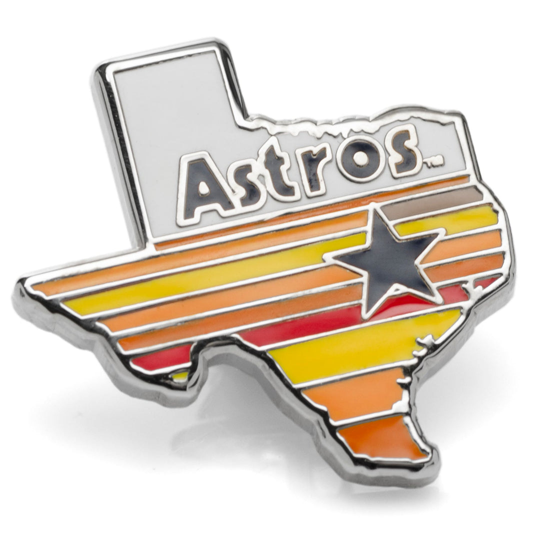 An MLB Houston Astros Tequila Sunrise Lapel Pin shaped like Texas, featuring a striped pattern, a black star, and the word “Astros” in black text.