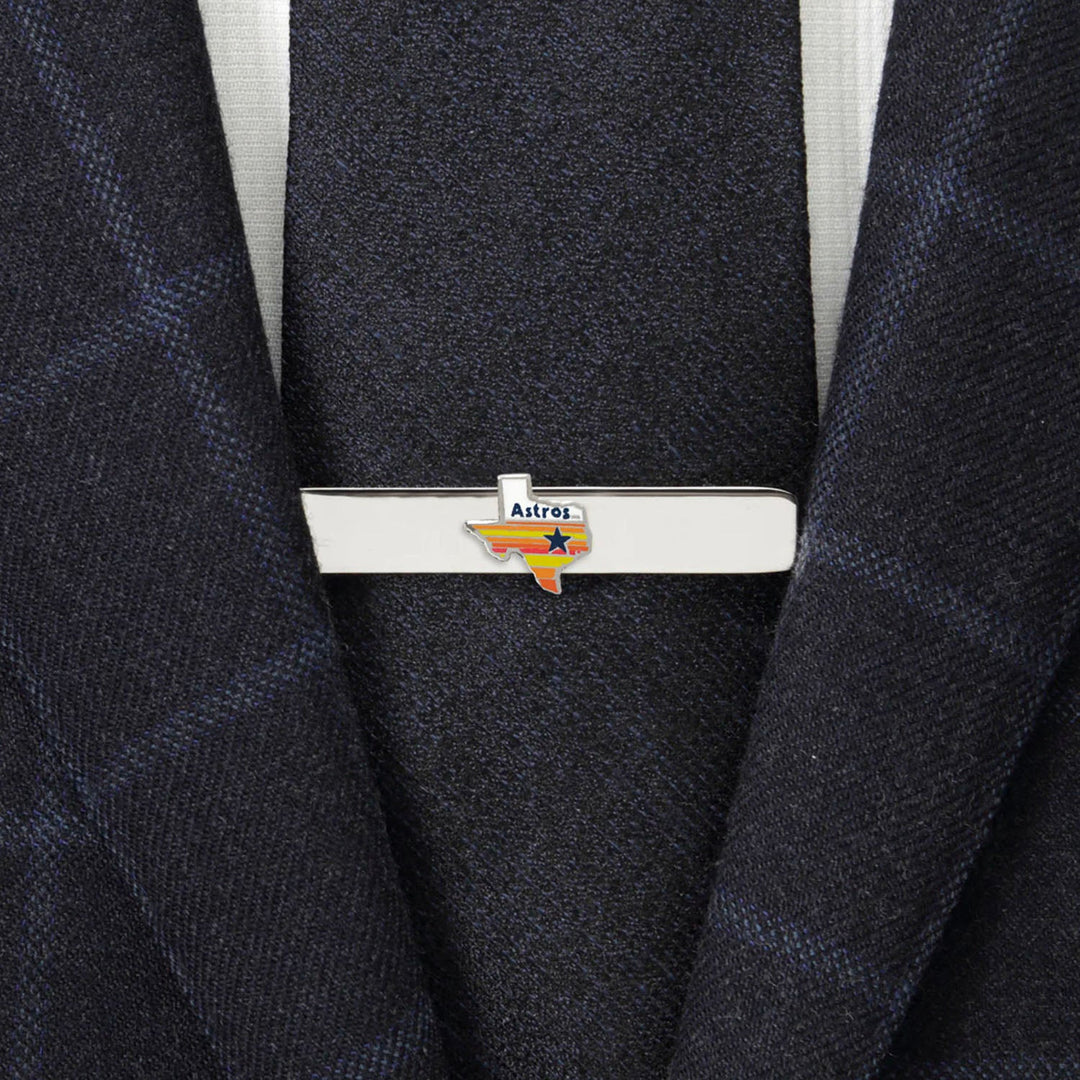 MLB Houston Astros Tequila Sunrise Tie Bar in silver-tone featuring a small Texas cutout with orange and yellow stripes and a black star.