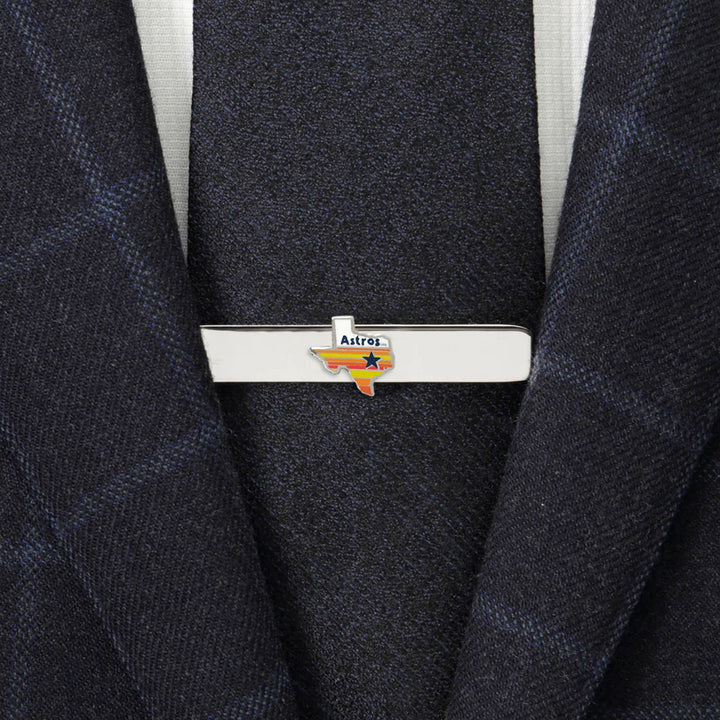 MLB Houston Astros Tequila Sunrise Tie Bar in silver-tone featuring a small Texas cutout with orange and yellow stripes and a black star.