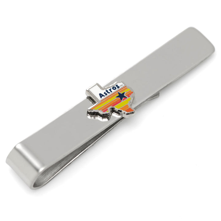 MLB Houston Astros Tequila Sunrise Tie Bar in silver-tone featuring a Texas-shaped emblem with a Tequila Sunrise design, a blue star, and the word “Astros.”