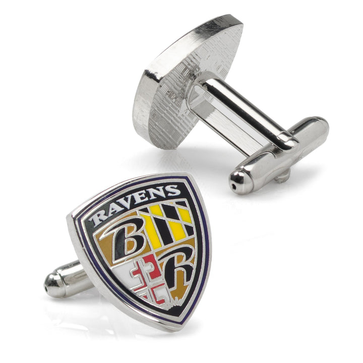 NFL Baltimore Ravens Shield Cufflinks shaped like shields, featuring the team logo against a Maryland flag pattern.