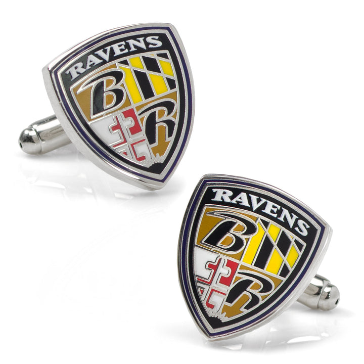 NFL Baltimore Ravens Shield Cufflinks shaped like shields, featuring the team logo and Maryland flag design.
