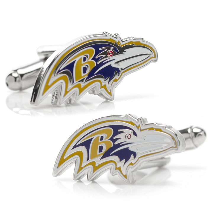 NFL Baltimore Ravens Cufflinks featuring the team’s logo of a stylized raven head with a yellow letter B on two metal cufflinks.