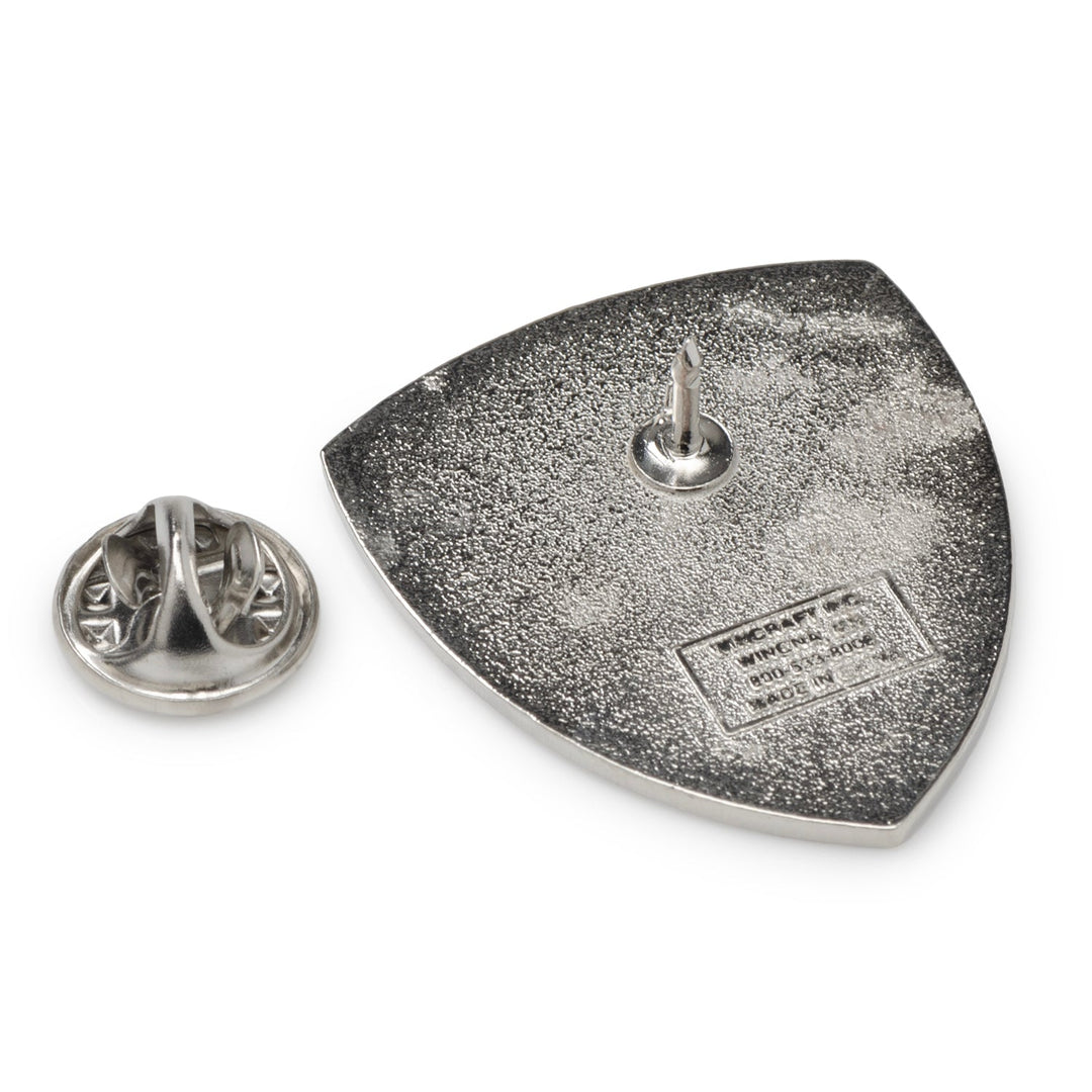 Back view of an NFL Baltimore Ravens Shield Lapel Pin showing the metal shield-shaped design and its removable clutch fastener.