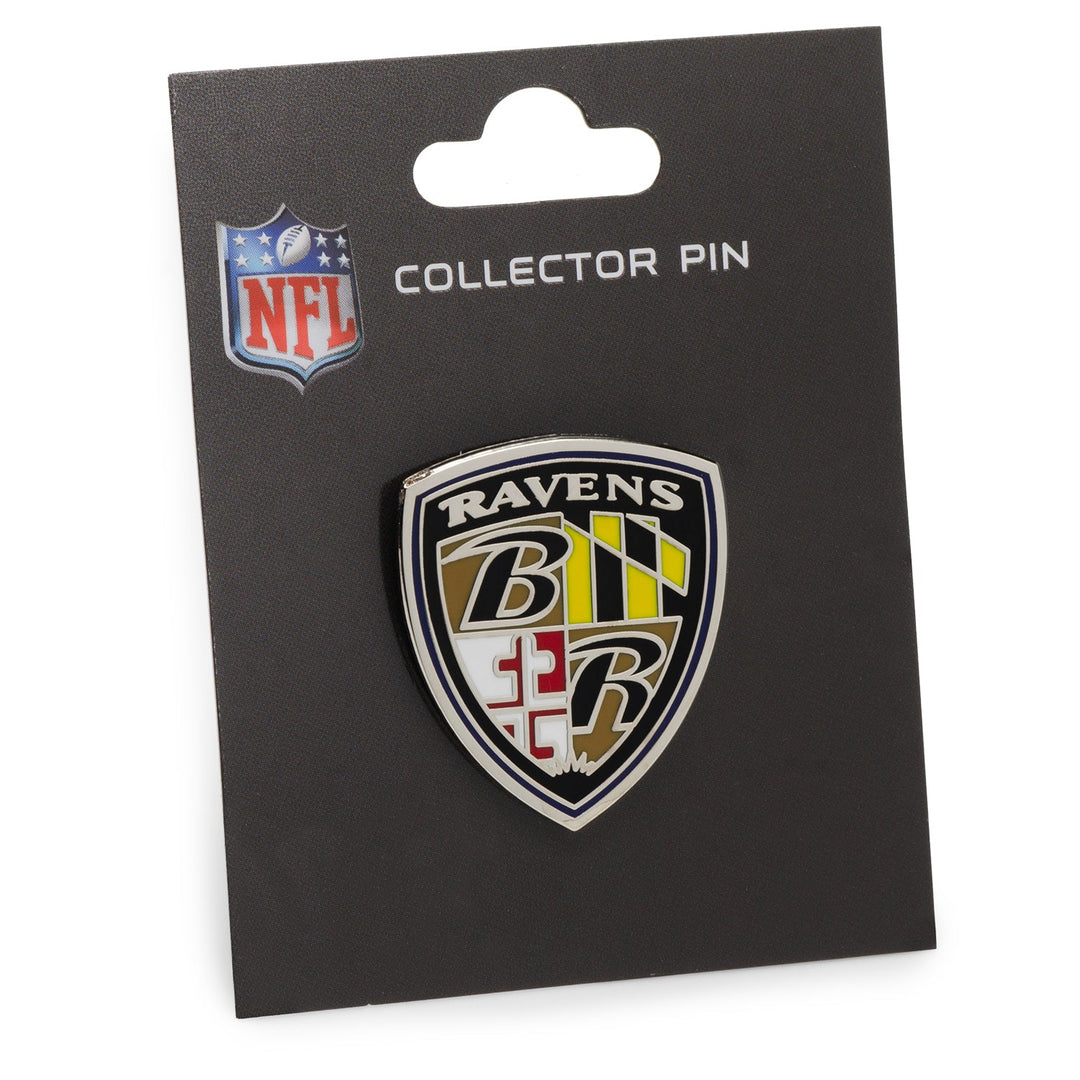 NFL Baltimore Ravens Shield Lapel Pin, a shield-shaped pin on a black display card featuring an NFL logo.