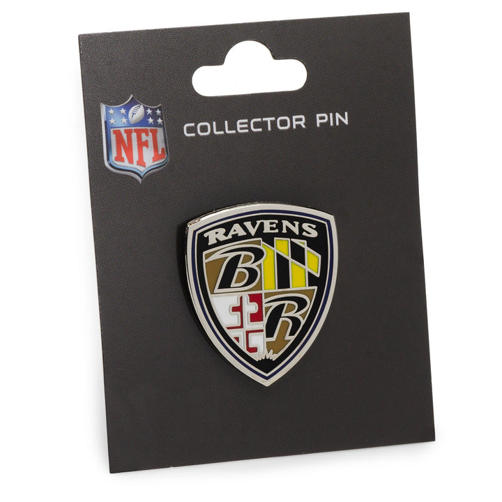 NFL Baltimore Ravens Shield Lapel Pin, a shield-shaped pin on a black display card featuring an NFL logo.