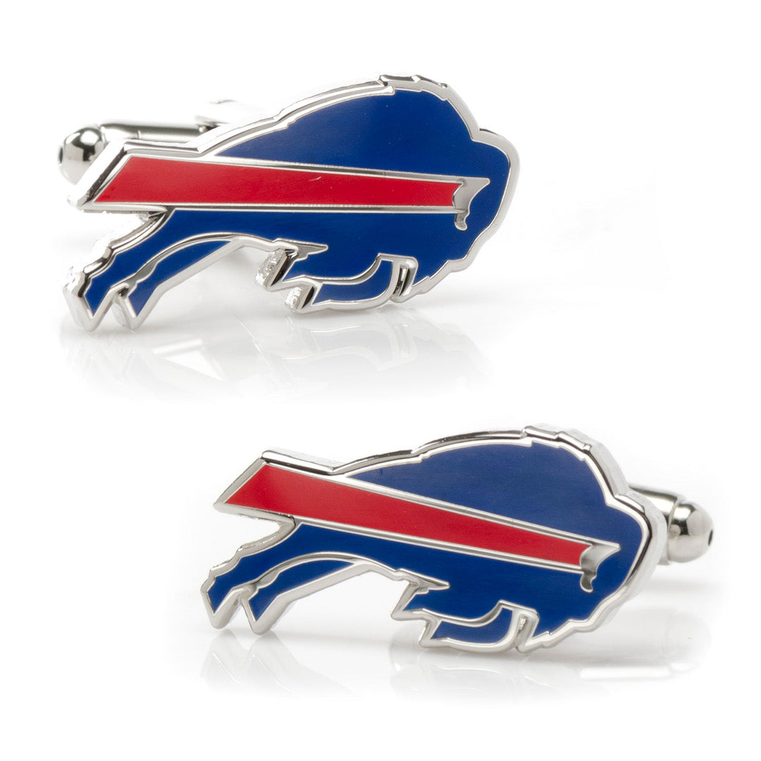 NFL Buffalo Bills Cufflinks in silver-tone metal, shaped like the blue, red, and white charging buffalo logo.