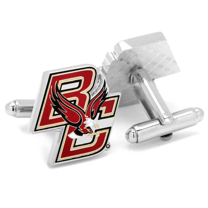 NCAA Boston College University Eagles silver-tone metal cufflinks featuring the university logo with a red letter B and a gold letter C.