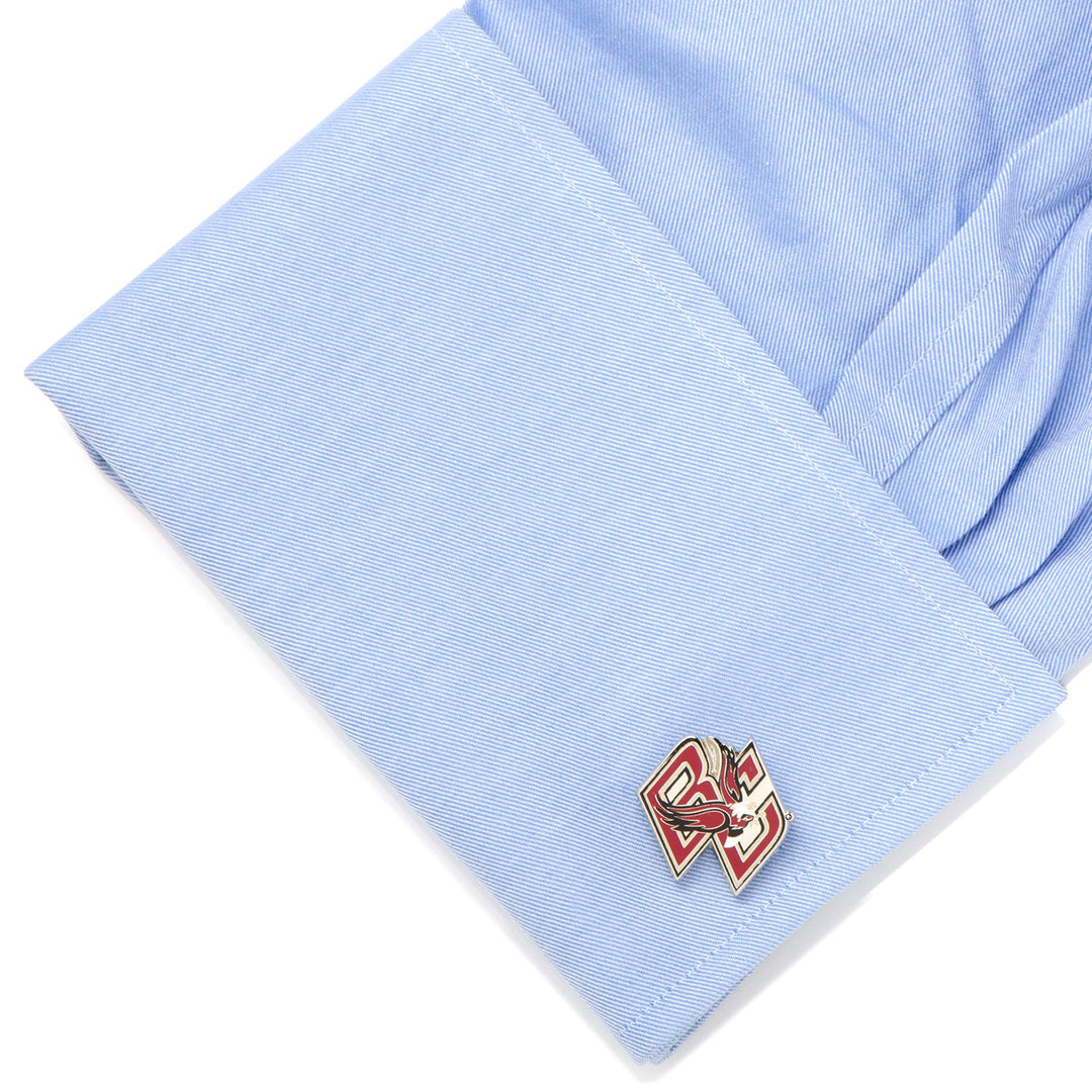 A light blue shirt cuff featuring NCAA Boston College University Eagles Cufflinks.