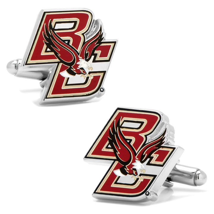 NCAA Boston College University Eagles Cufflinks in silver, featuring a maroon and gold BC logo with an eagle in flight.