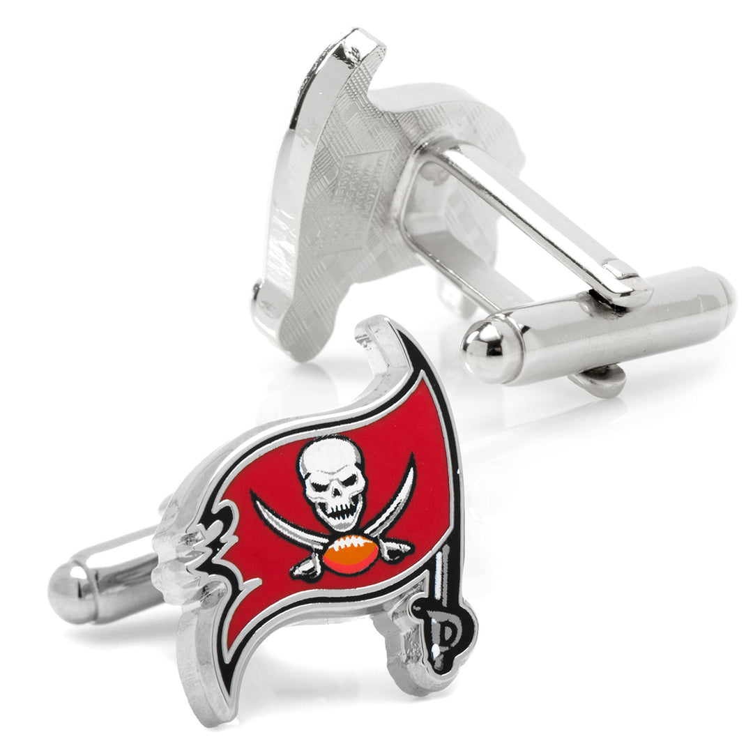 Silver NFL Tampa Bay Buccaneers Cufflinks featuring the red, white, and black pirate flag team logo.