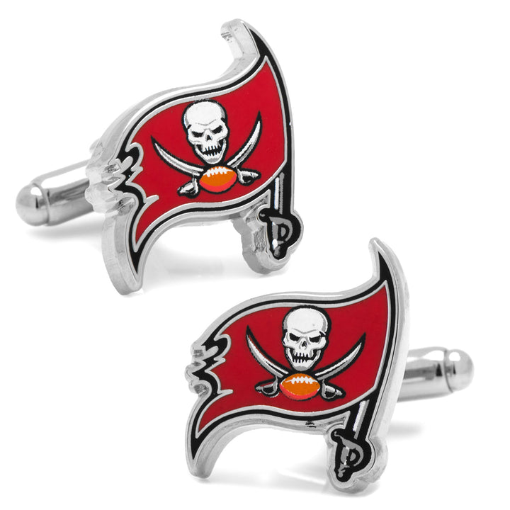 NFL Tampa Bay Buccaneers Cufflinks in silver, each featuring a red flag emblem with a skull, crossed swords, and a football.