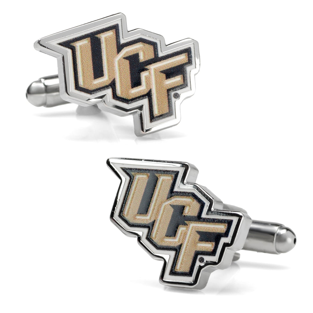 Two metallic NCAA University of Central Florida Knights cufflinks in black, gold, and silver.