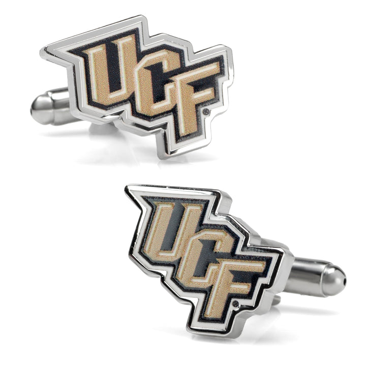 Two metallic NCAA University of Central Florida Knights cufflinks in black, gold, and silver.