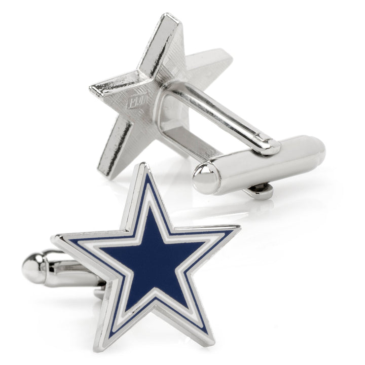Two NFL Dallas Cowboys Cufflinks, one showing the silver back and one showing the blue and white team logo.