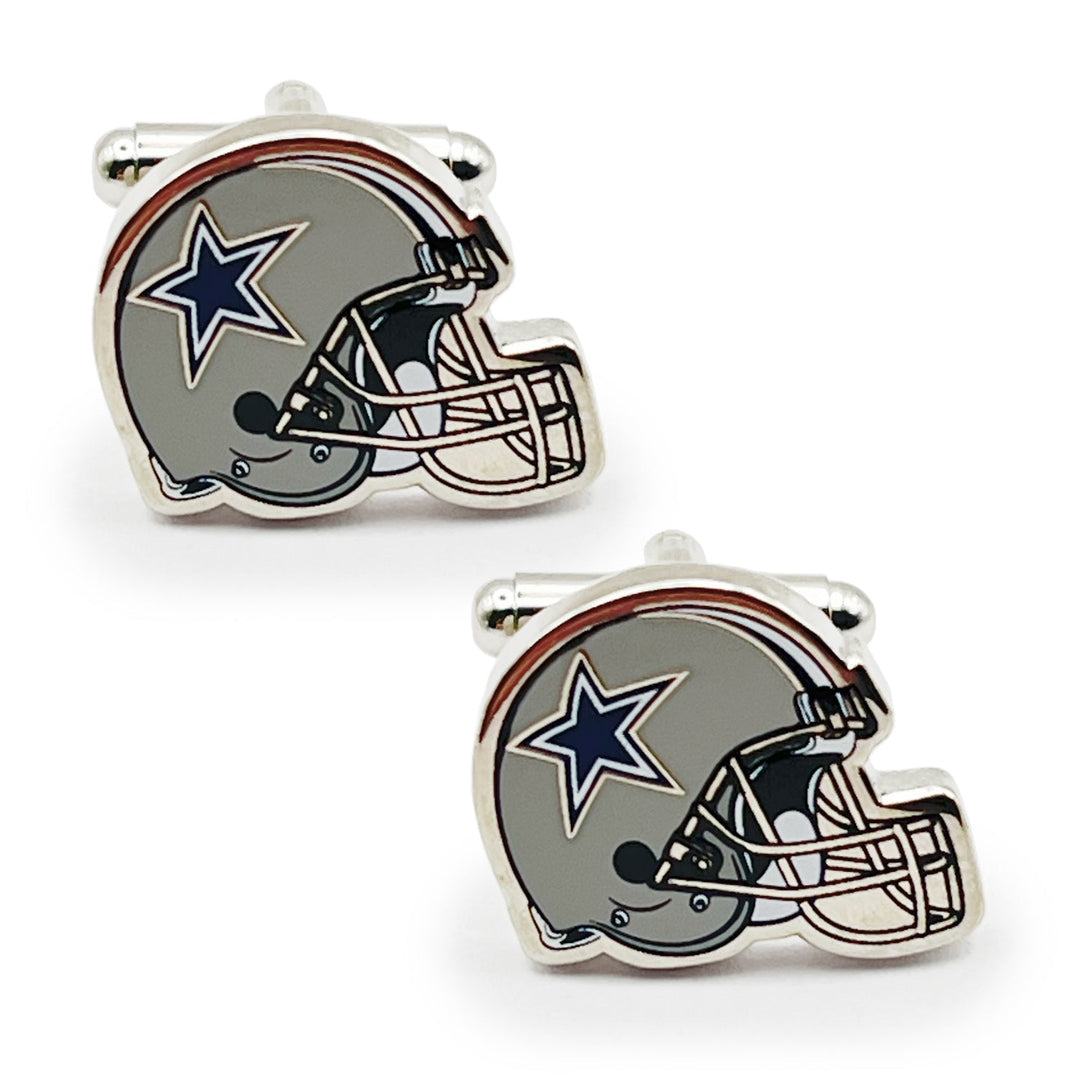 Silver-tone NFL Dallas Cowboys Throwback Helmet Cufflinks featuring a blue star logo.