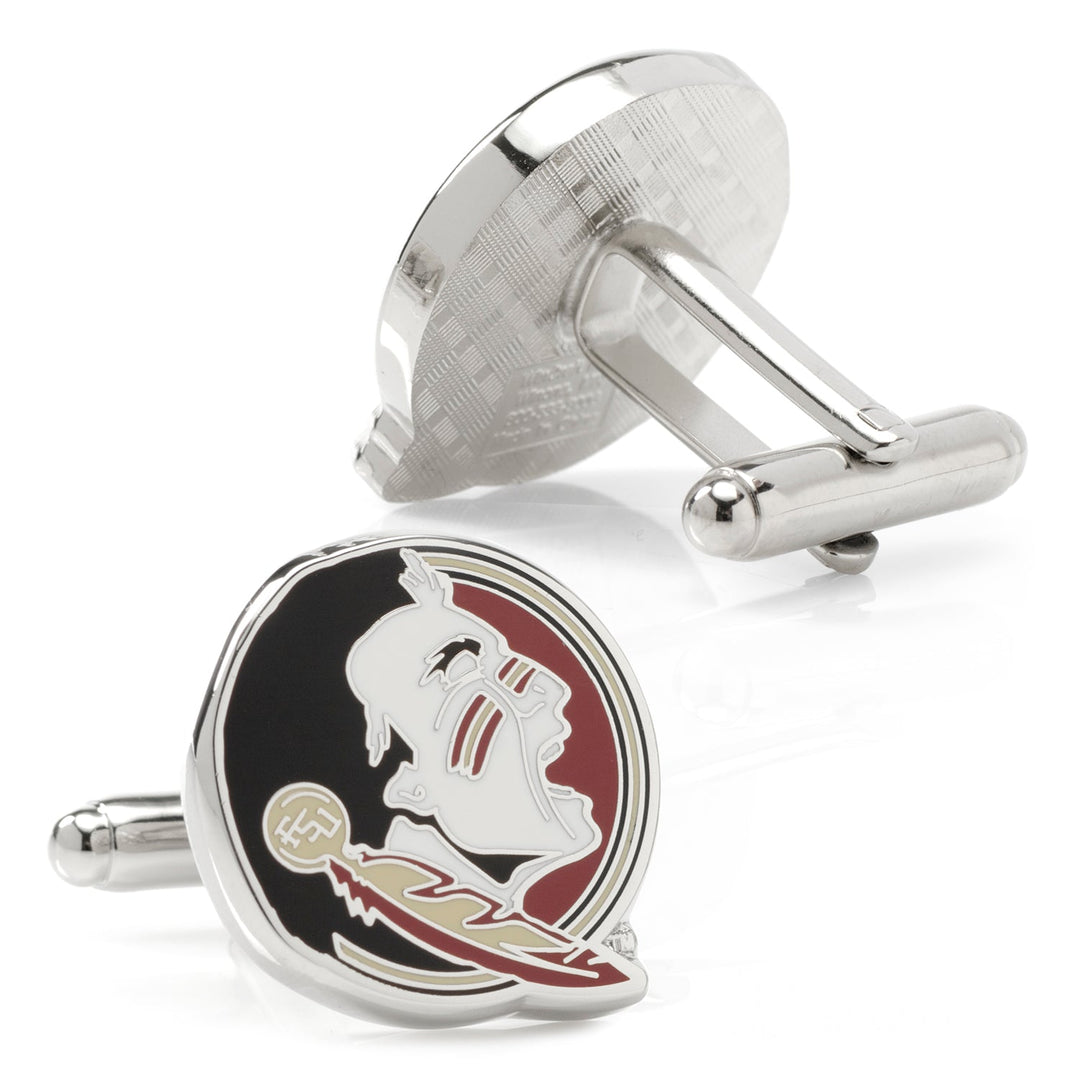NCAA Florida State Seminole Head Cufflinks featuring two round silver-tone designs with a maroon, black, and white logo.