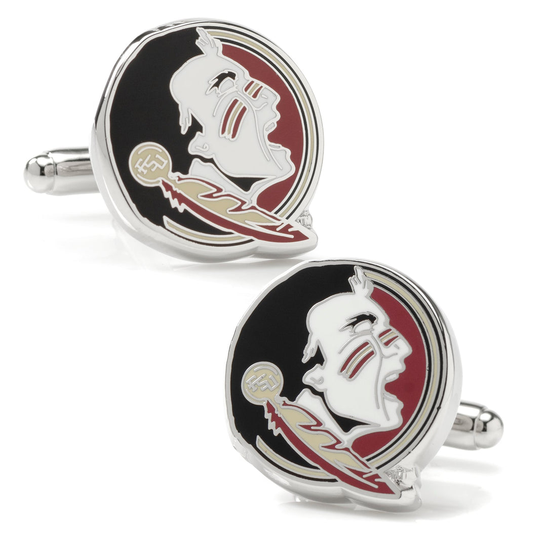 Two round silver NCAA Florida State Seminole Head cufflinks featuring a profile of a warrior on a black and maroon background.