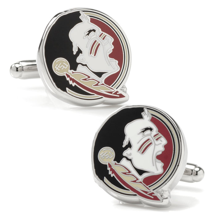 Two round silver NCAA Florida State Seminole Head cufflinks featuring a profile of a warrior on a black and maroon background.