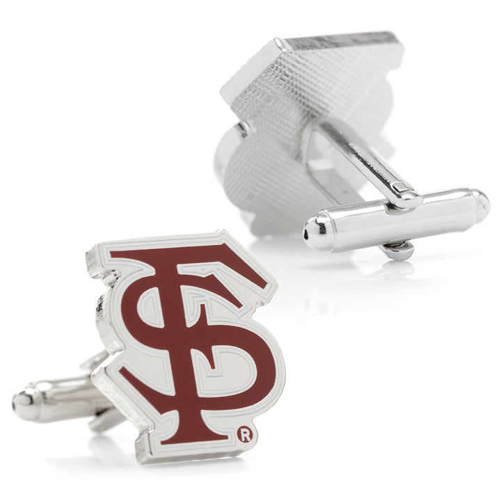 NCAA Florida State University Seminoles Cufflinks featuring two silver cufflinks with a maroon “FS” logo.