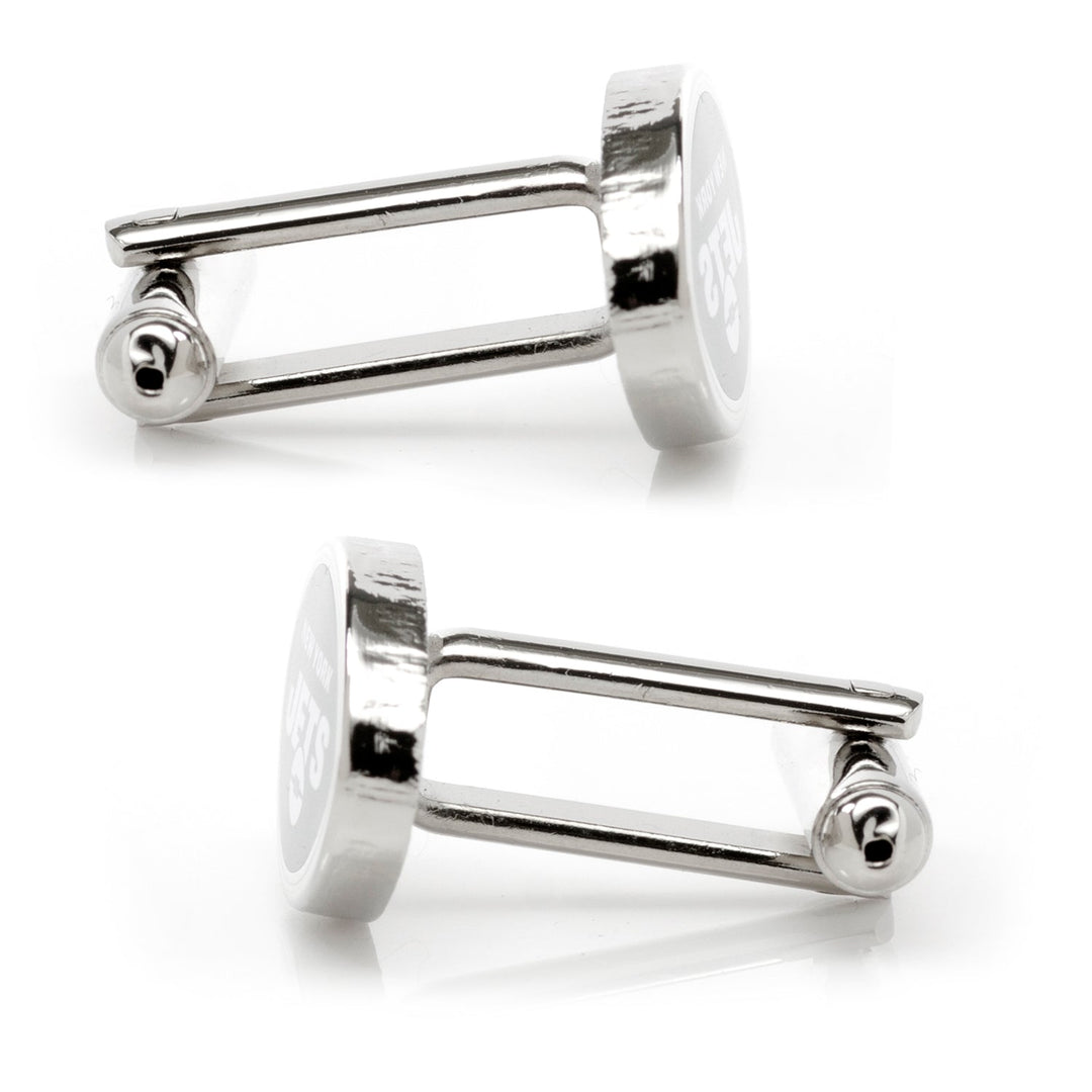 Two round metal NFL New York Jets Cufflinks featuring the team logo.