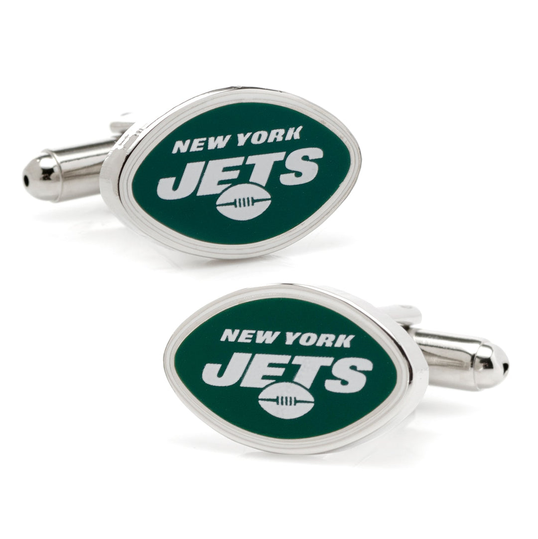 Two oval-shaped silver NFL New York Jets Cufflinks, each featuring the green and white team logo.