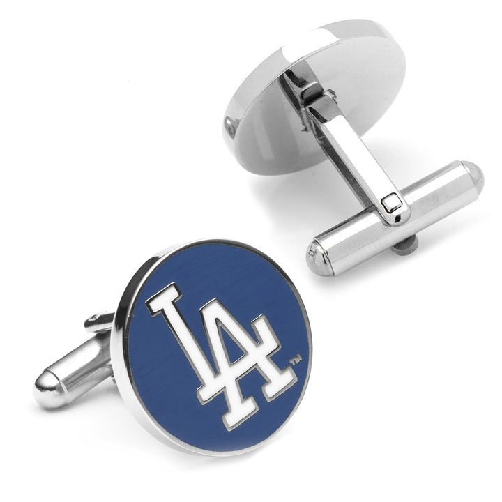 Round silver MLB LA Dodgers Cufflinks featuring the team’s blue and white logo.