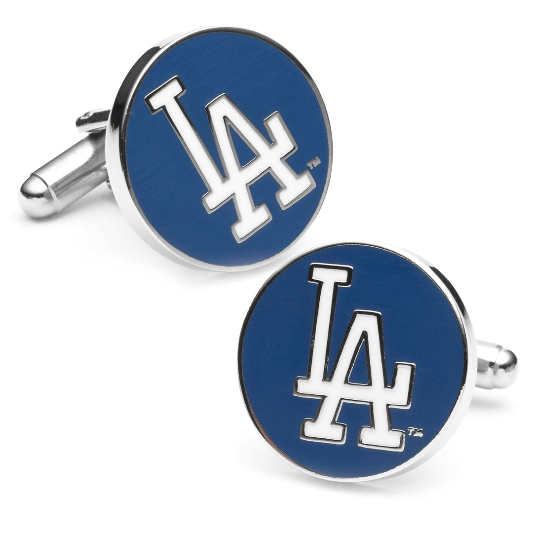 Two round, silver-toned MLB LA Dodgers Cufflinks featuring the white “LA” logo on a blue background.