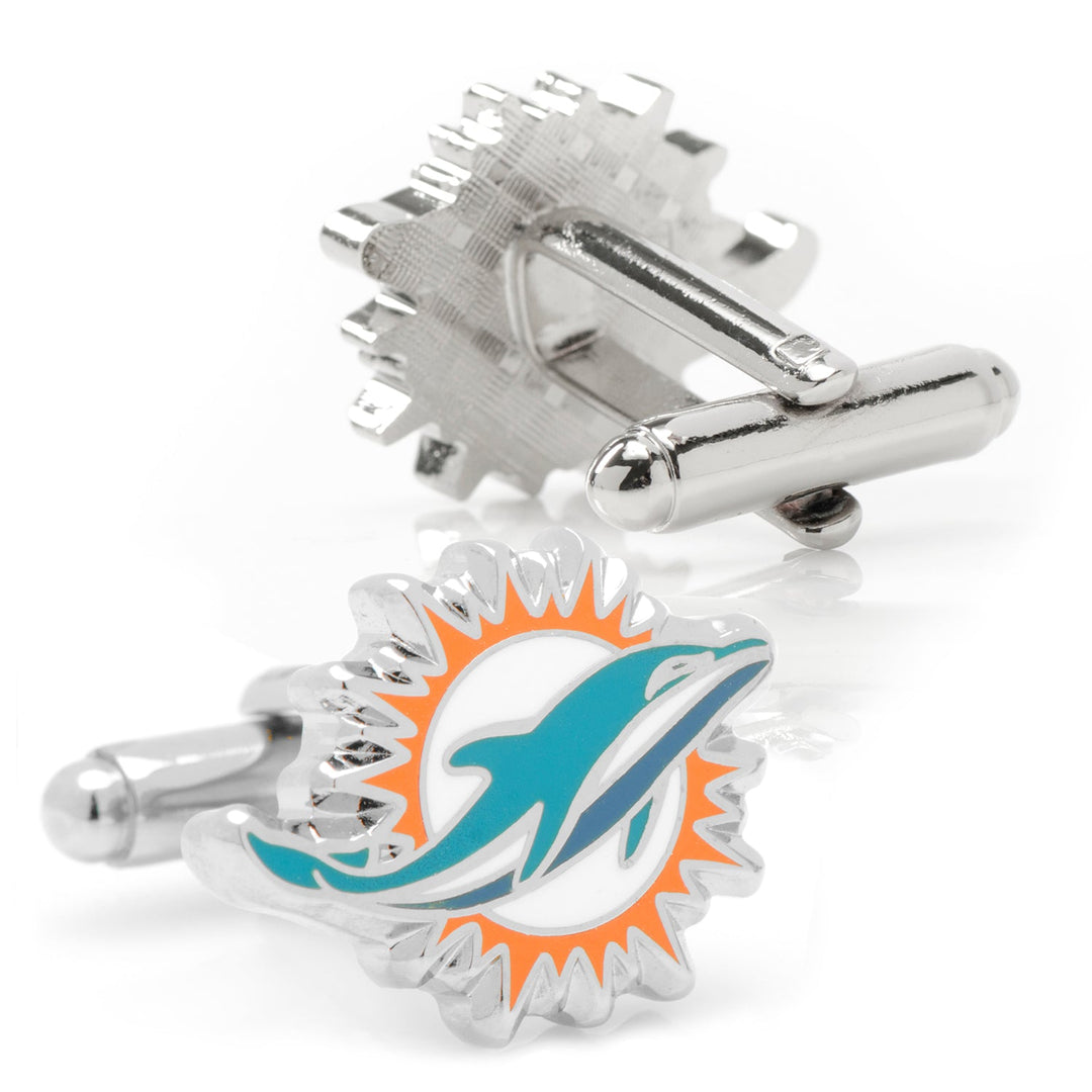 NFL Miami Dolphins Cufflinks featuring two silver cufflinks with a teal dolphin inside an orange sunburst logo.