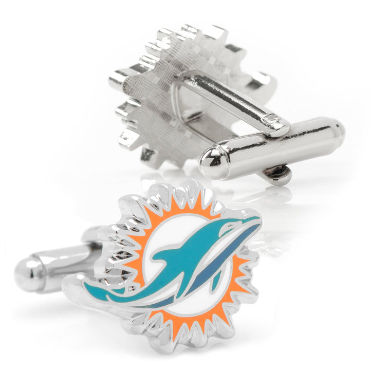 NFL Miami Dolphins Cufflinks featuring two silver cufflinks with a teal dolphin inside an orange sunburst logo.