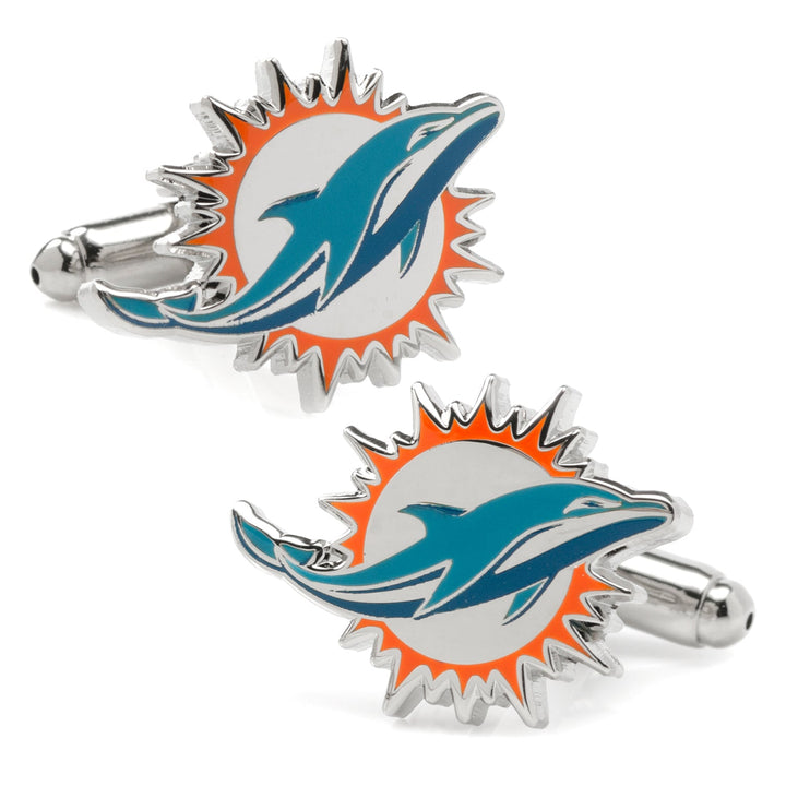 A pair of silver-toned NFL Miami Dolphins Cufflinks featuring the team logo.