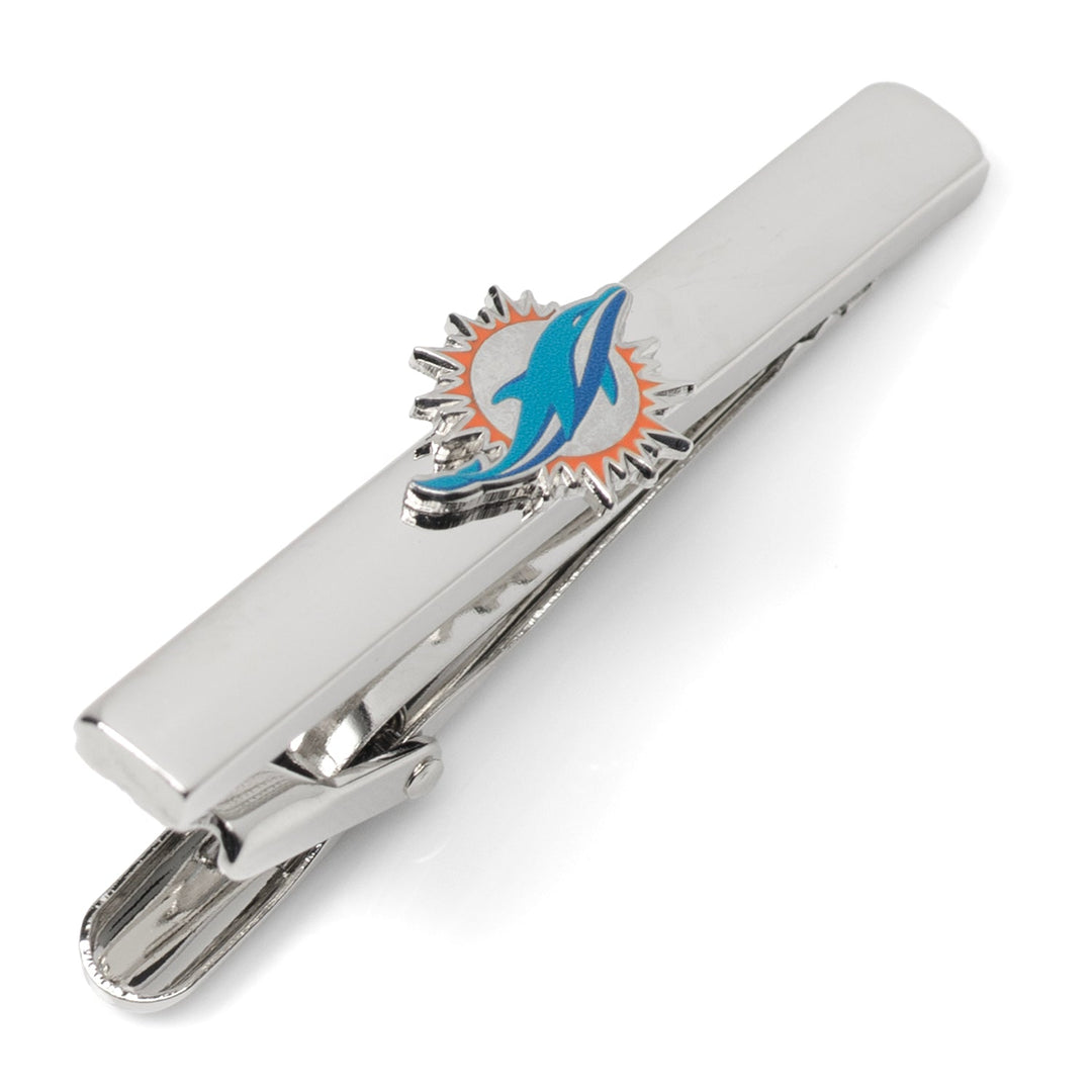 Silver NFL Miami Dolphins Tie Clip featuring a blue and orange team logo emblem.