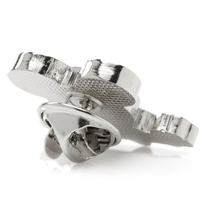 The back side of the silver-toned MLB Mickey &amp; LA Dodgers Lapel Pin, showing the butterfly clutch fastener.