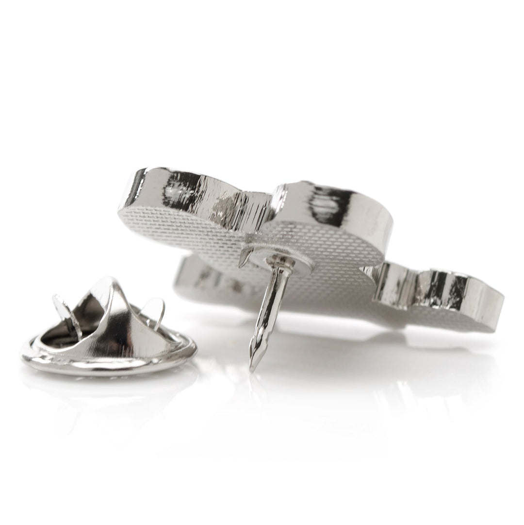 The back of a silver-toned MLB Mickey &amp; LA Dodgers Lapel Pin, showing a post and a detached metal clutch.