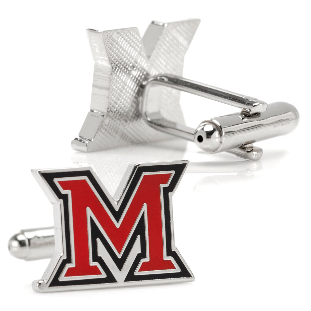 NCAA Miami University of Ohio Cufflinks in silver-tone metal, featuring a red letter “M” with a black outline.