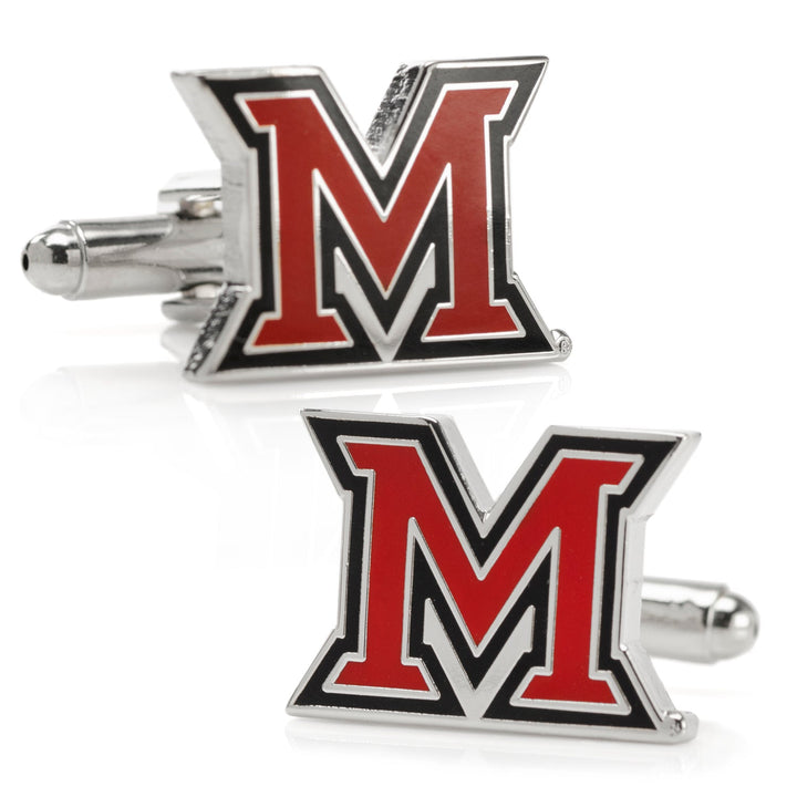 NCAA Miami University of Ohio Cufflinks featuring two silver-tone cufflinks with a red letter M and a black and white border.