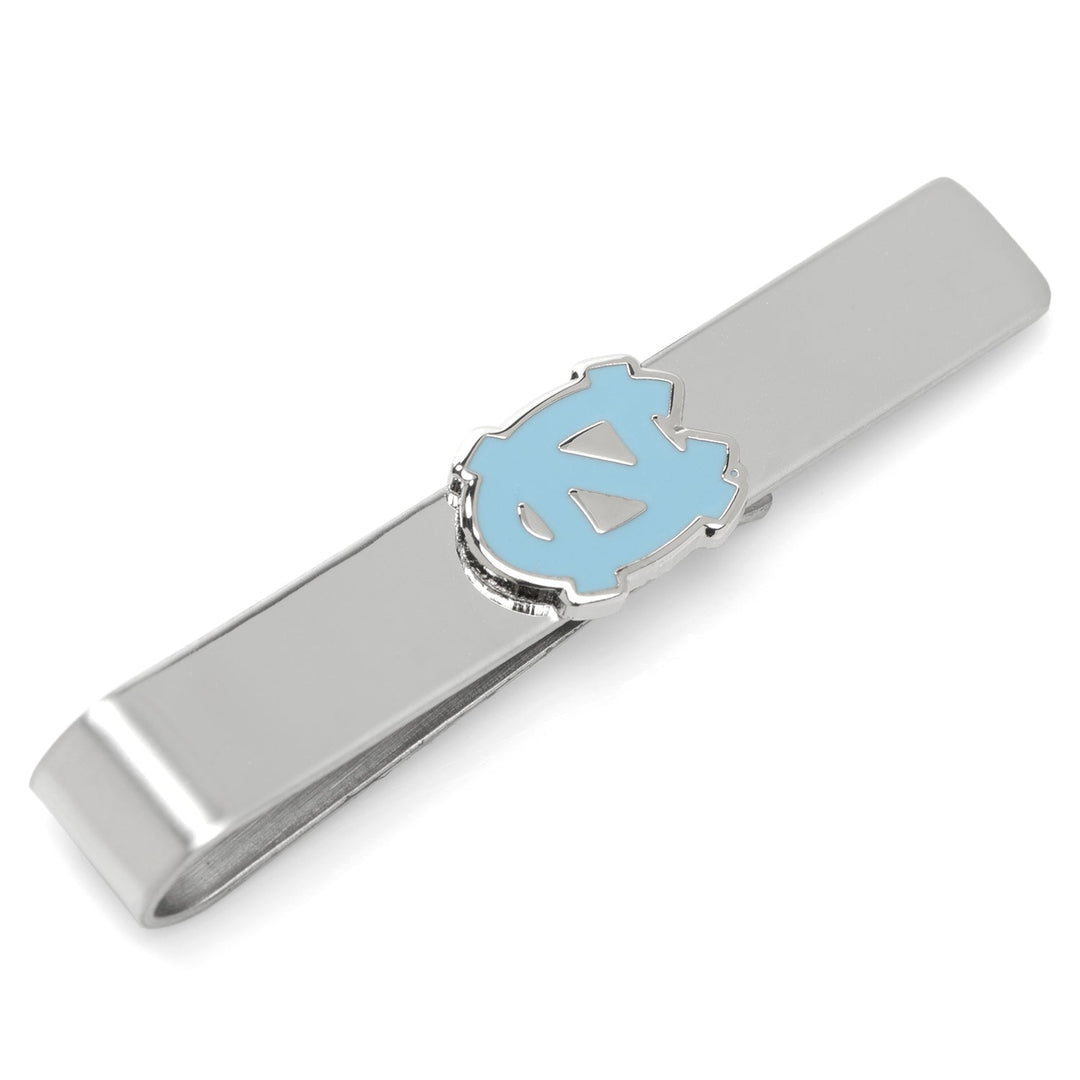 NCAA University of North Carolina Tar Heels tie bar in silver featuring a light blue and silver interlocking NC logo.