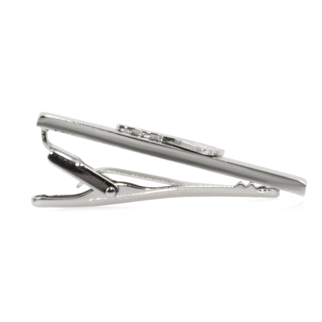 Side view of a silver-tone metal New England Patriots Tie Clip featuring an emblem on one end.