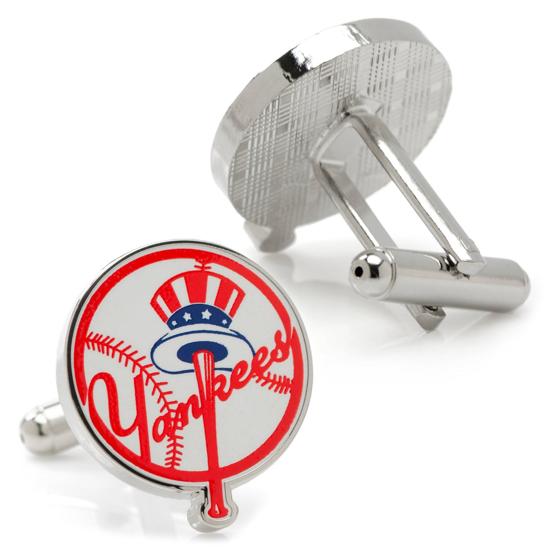 Two round silver MLB New York Yankees Baseball Cufflinks featuring the New York Yankees logo.
